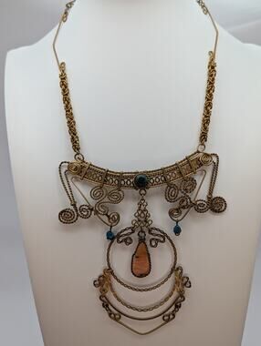 Vtg Handmade Intricate Brass Wire Twisted Filigree Necklace Natural Stone Accent